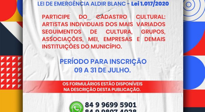 Prefeitura de Olho D’Água do Borges/RN, através da Diretoria de Cultura inicia cadastramento de segmentos da cultura para obtenção dos benefícios da Lei de emergência Aldir Blanc