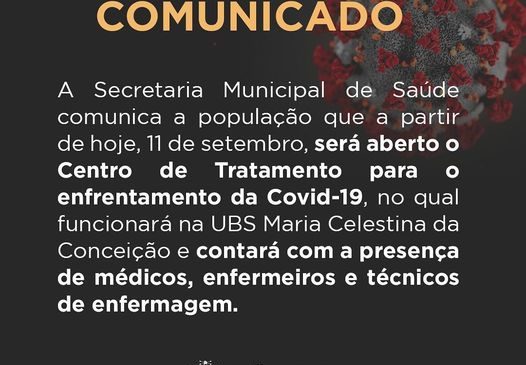 Em João Dias/RN, a Secretaria Municipal de Saúde comunica abertura de um Centro de tratamento para enfrentamento da Covid-19