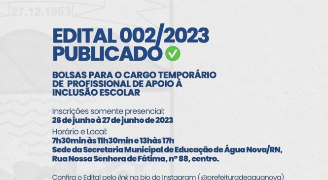 Em Água Nova, governo municipal torna público a abertura das inscrições para Processo Seletivo Simplificado no município